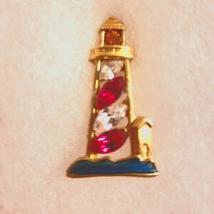 Goldtone with Red and Clear Crystal Stripe Lighthouse Lapel/Tack Pin